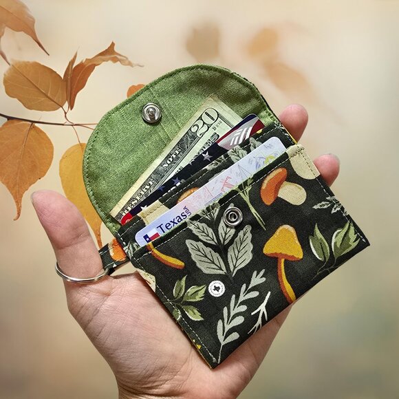 Cottagecore Mini Wallet Keyring Pouch | Autumn Mushroom Sunflower Card Holder - Picture 1 of 6